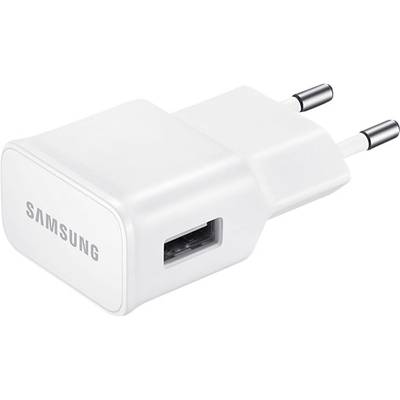 White Samsung charger with USB port, suitable for European power sockets.