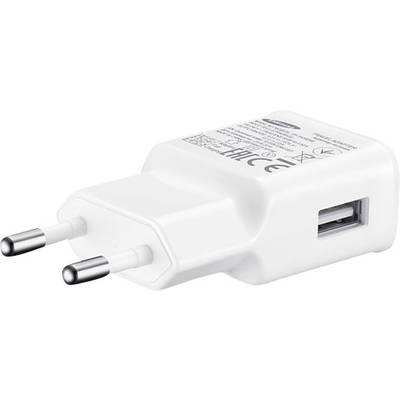White USB charger with European plug pins, positioned sideways, showing technical symbols and specifications on the top surface.