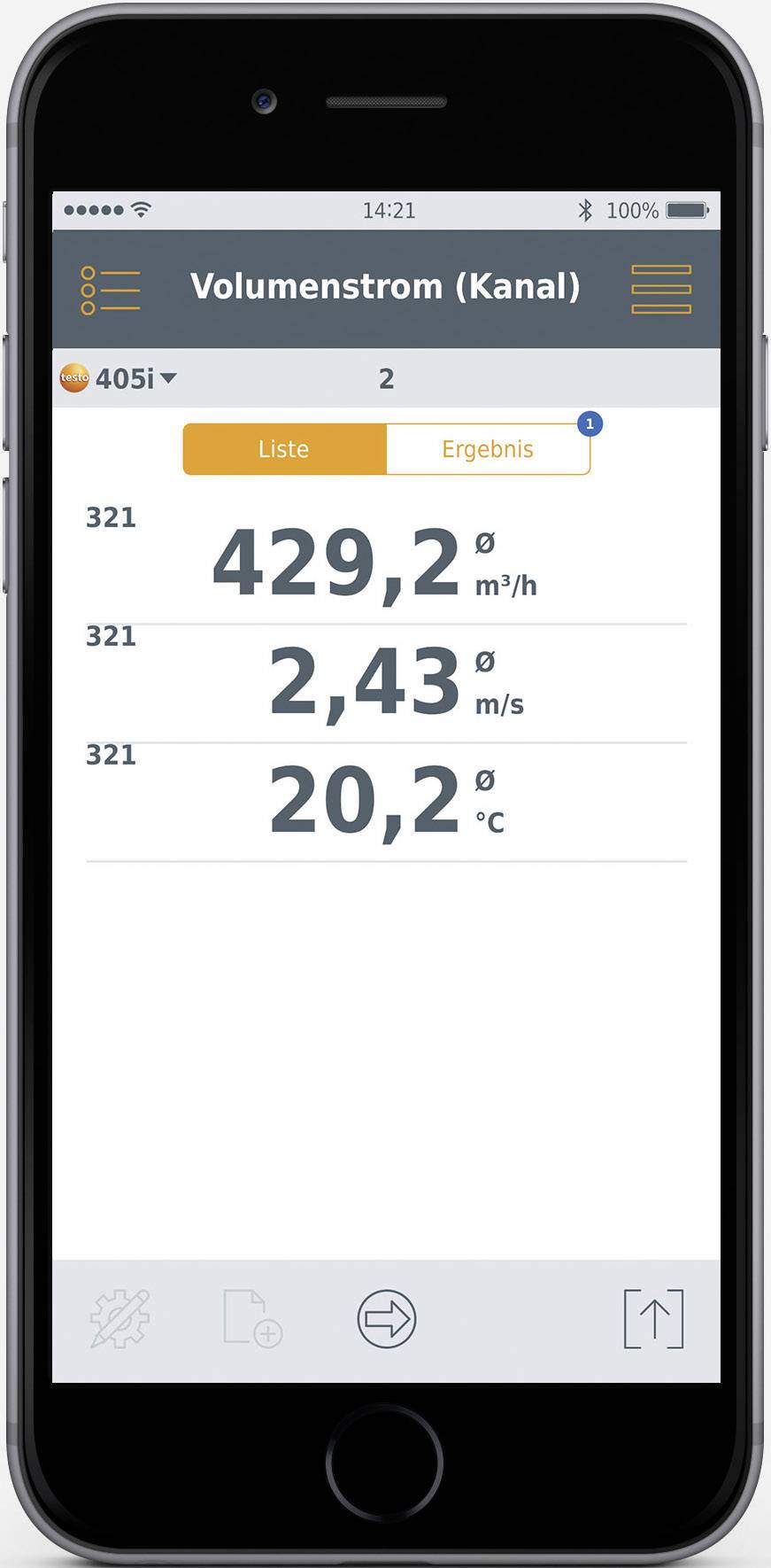 Smartphone screen shows volumetric flow measurement with values: 429.2 m³/h, 2.43 m/s, 20.2 °C. Option to select between 'List' and 'Result'.