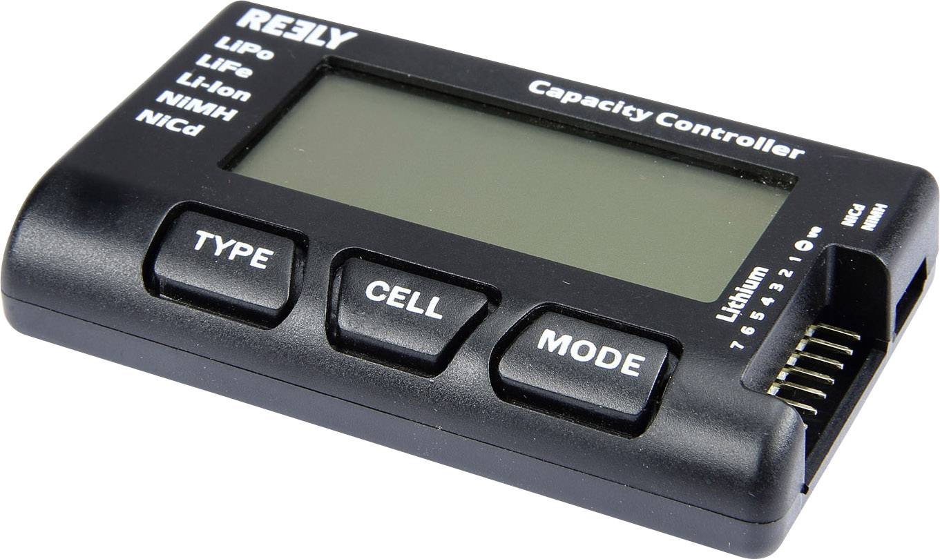 Rectangular device for monitoring battery capacity, featuring a display and three buttons for 'TYPE', 'CELL', 'MODE'. Supports multiple battery types.