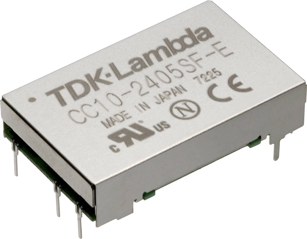 A silver electronic chip with the inscription 'TDK-Lambda CC10-2405SF-E', manufactured in Japan, with multiple connection pins.