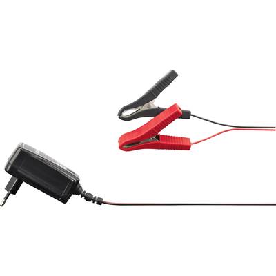 'Battery charger with red and black crocodile clips, suitable for car batteries.'
