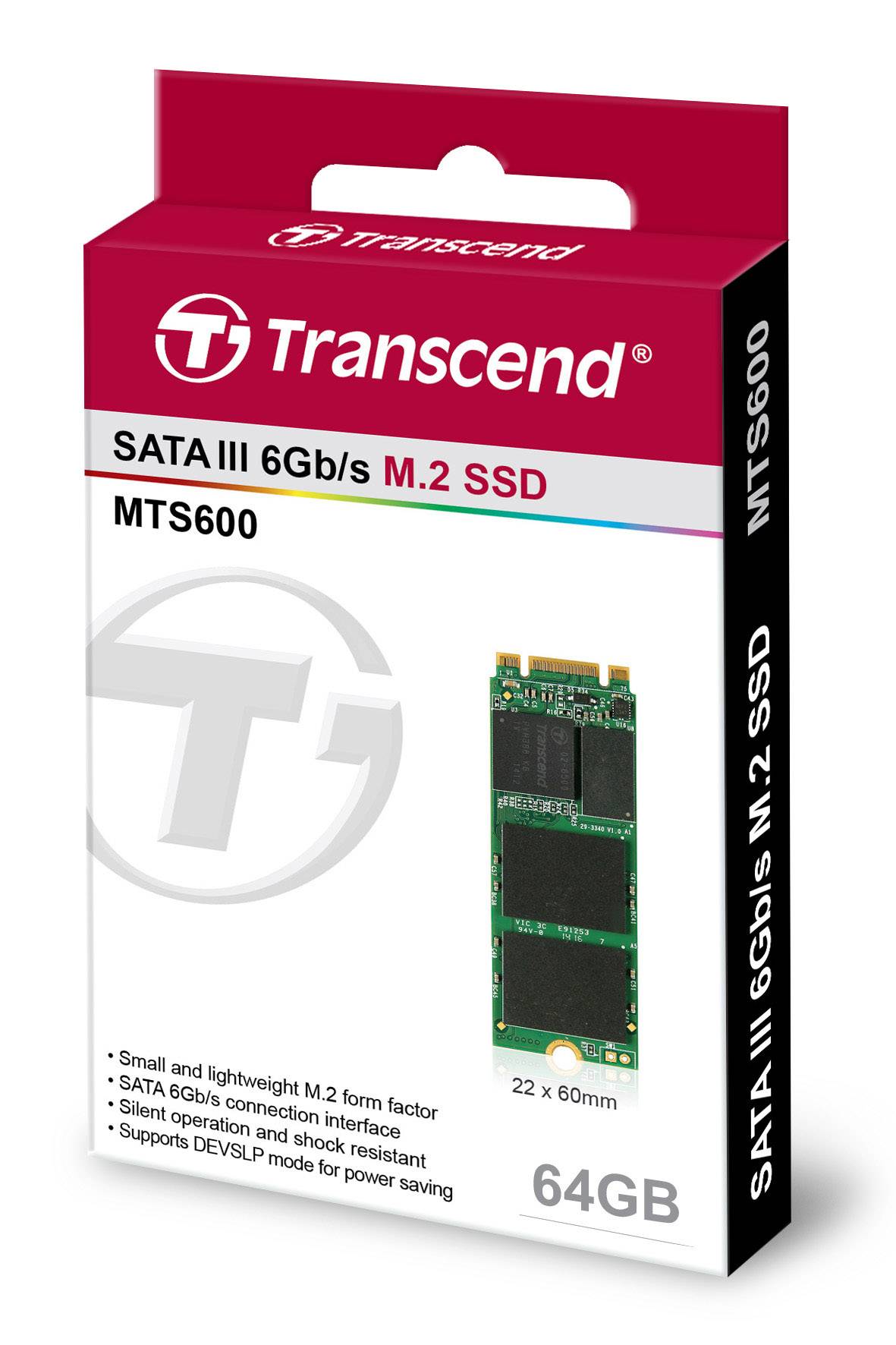 Transcend MTS600 M.2 SSD 64GB packaging, showing SATA III 6Gb/s, suitable for fast and secure storage solutions.