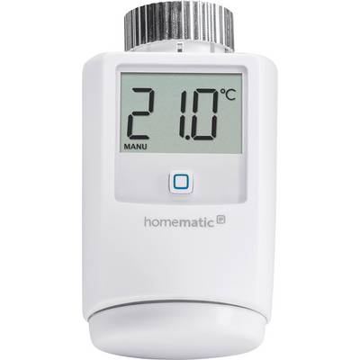 A white, digital thermostat with a display showing '21.0°C' and 'MANU'. The brand name 'homematic IP' is displayed underneath. Adjusts room temperature.