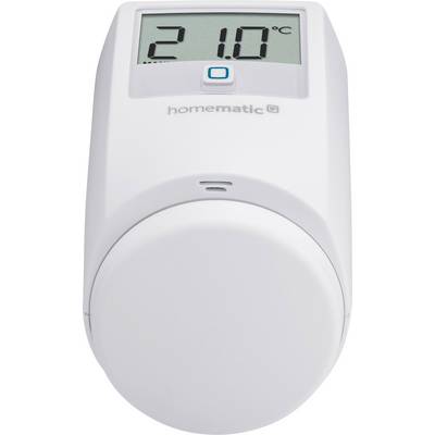 Digital radiator thermostat displays 21.0 degrees Celsius on a screen. A pulsating blue button for settings underneath.