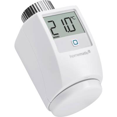 Smart thermostat with digital display showing 21.0°C. Silver adjustment knob top right. Display button and 'homematic IP' logo visible.