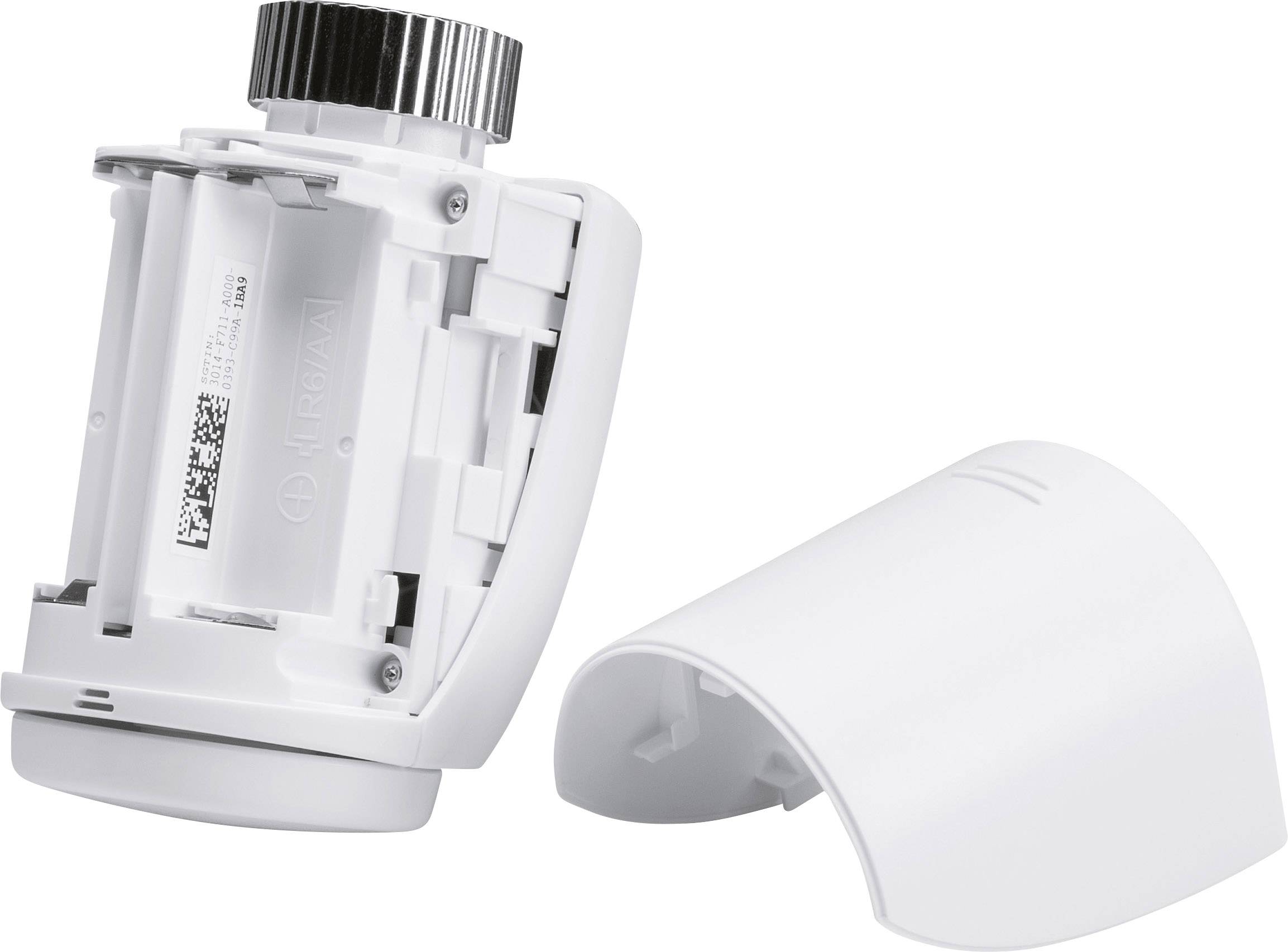 Depict a white, open radiator thermostat; showing the battery compartment and the removed cover.