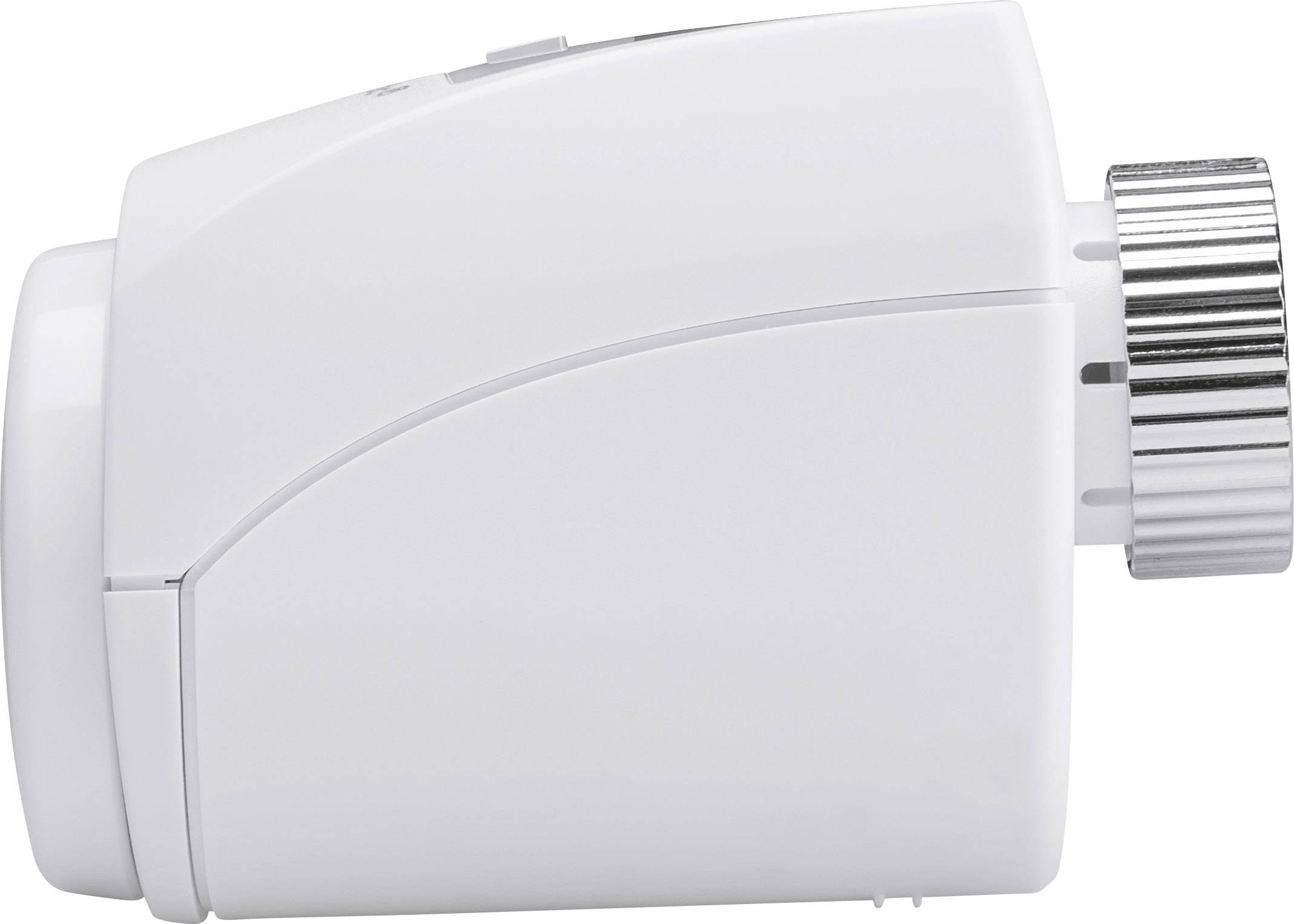 White, cylindrical thermostatic valve with metallic rotary knob on the right side, side view.