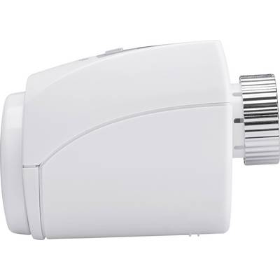 White, cylindrical thermostatic valve with metallic rotary knob on the right side, side view.