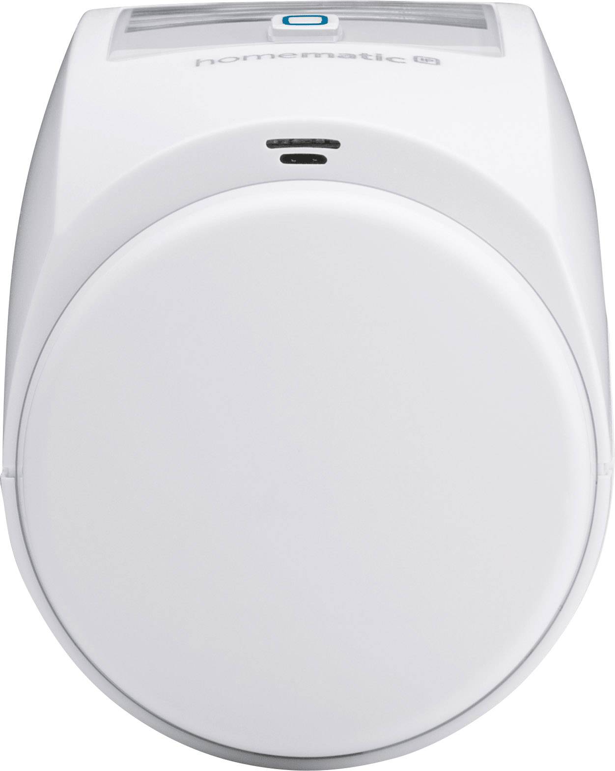 A white radiator thermostat with a digital display, which belongs to a smart home system.