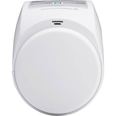 A white radiator thermostat with a digital display, which belongs to a smart home system.