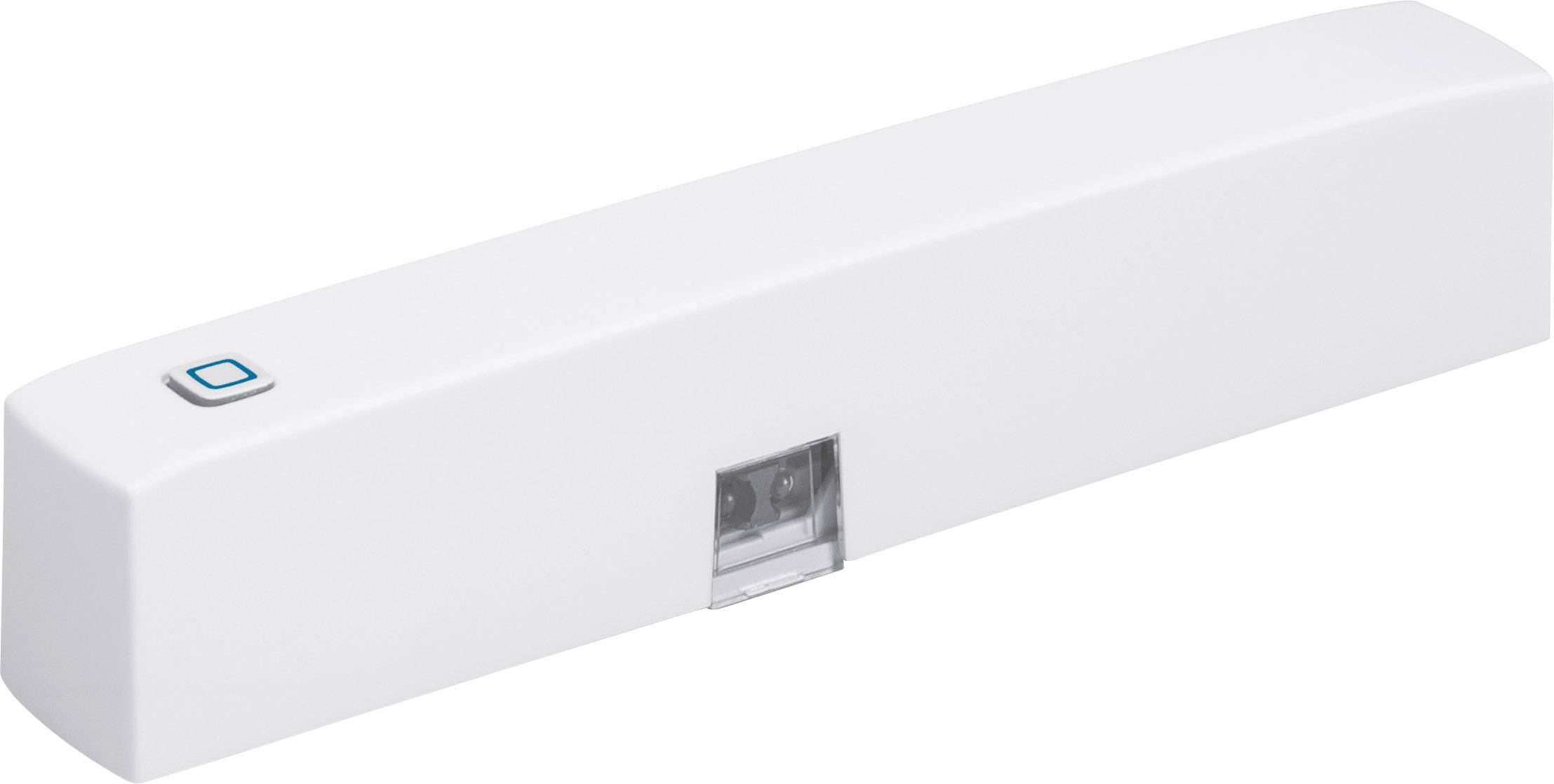 Long, rectangular white device with a small square button on the top surface and a transparent area on the front.