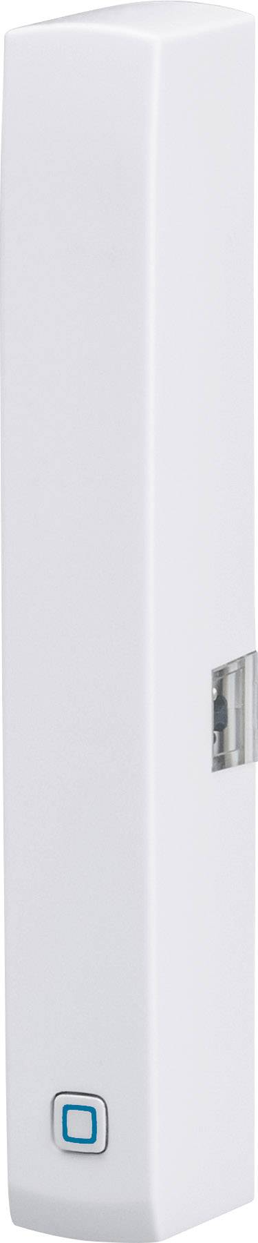 A white, slim door sensor with a small, square blue button on its underside.