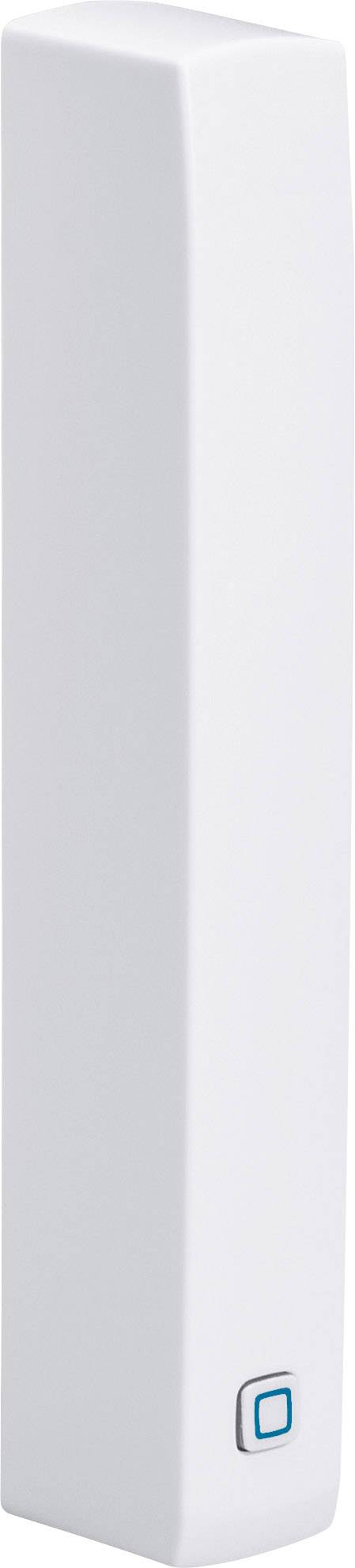 A white, rectangular, vertical box with a small blue button at the bottom, possibly a technical device.