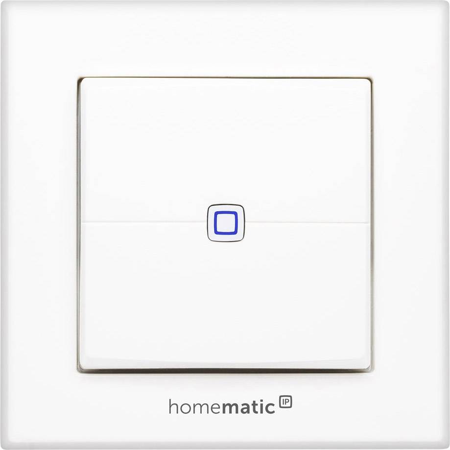 A square light switch with a blue LED in the centre. Beneath it, the text 'homematic IP'.