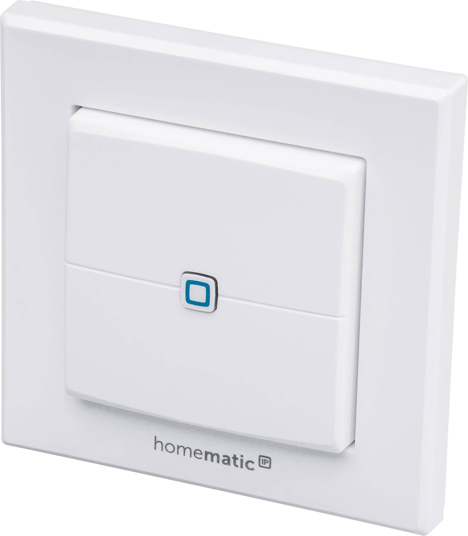 A square, white wall switch with a central, blue push button. Labelled 'homematic'.