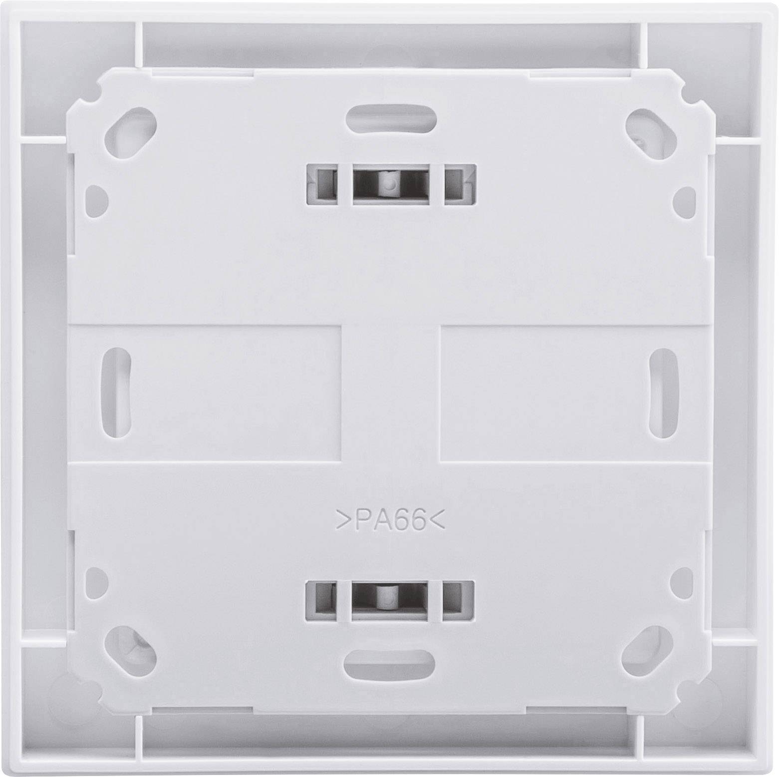 A white plastic plate with openings and mounting points, possibly part of an electrical socket or switch installation.