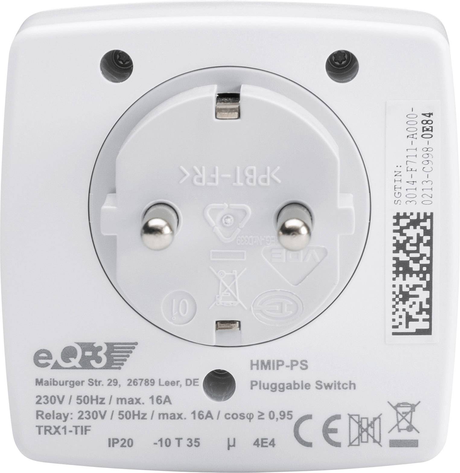 Rear view of a white, pluggable switch with socket connection, model HMIP-PS, information about voltage and maximum load.