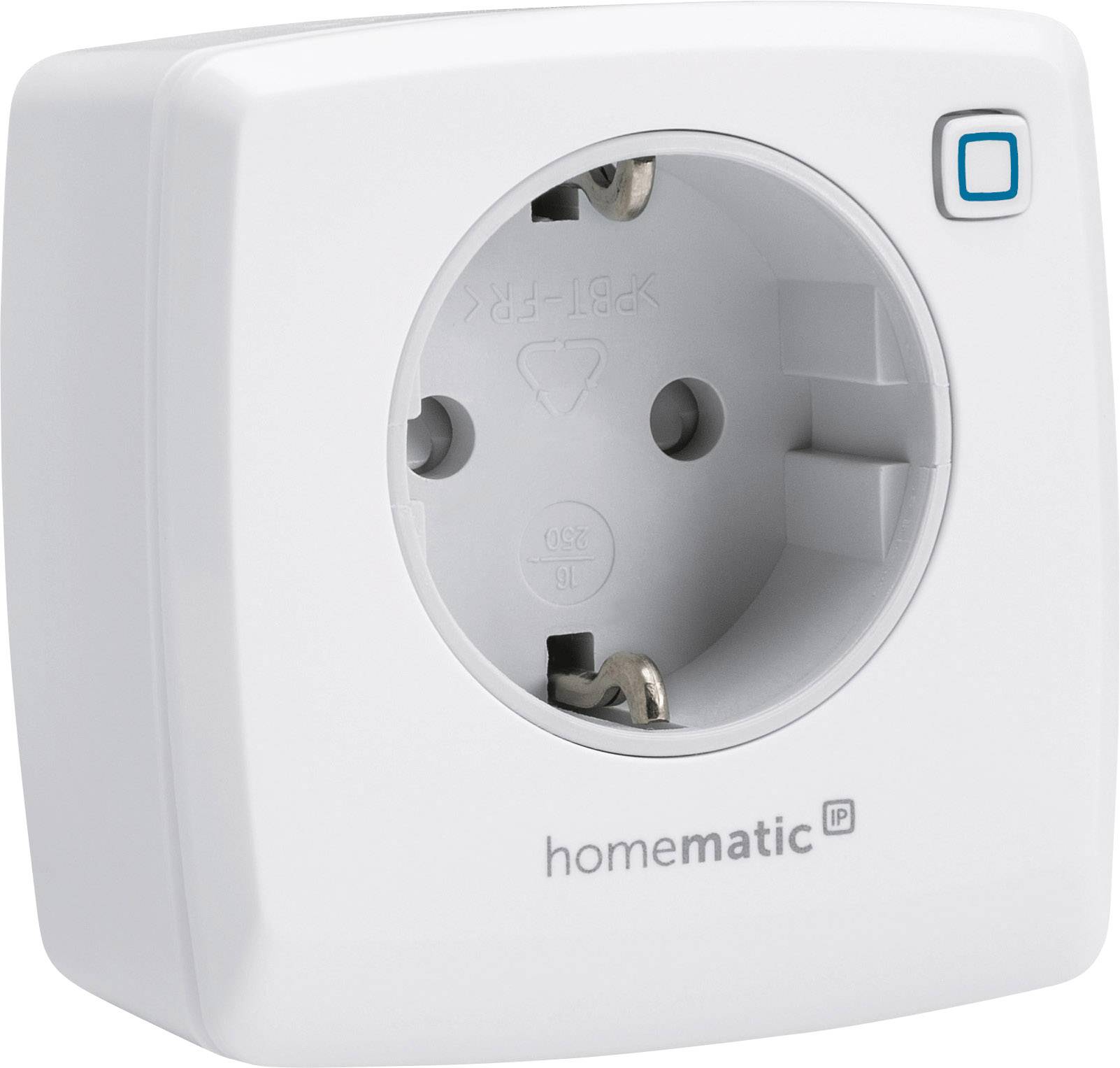 White smart plug by Homematic IP with a round socket and a blue button on the top right of the front panel.