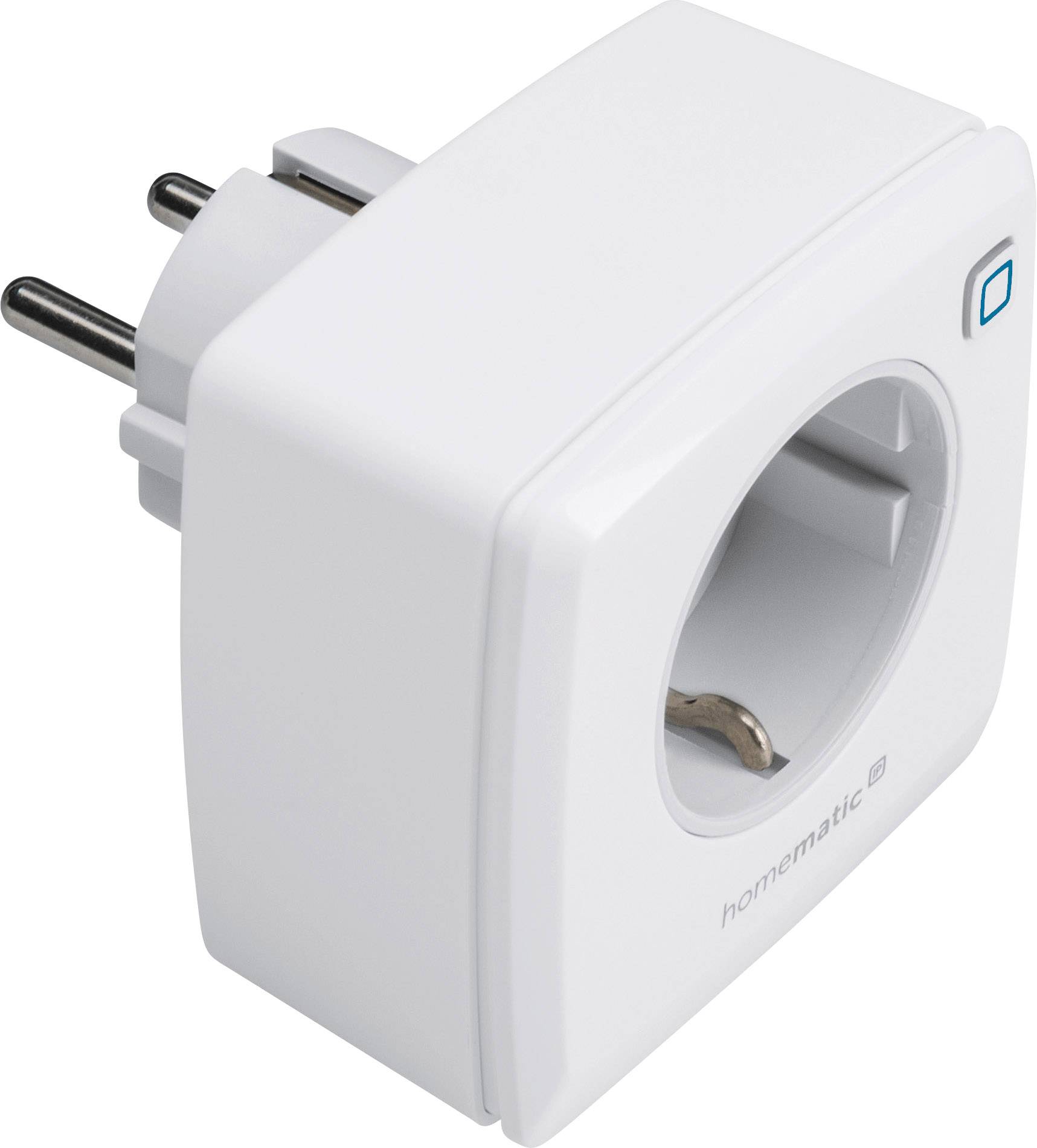 White smart plug with three-pin socket and blue control button. For switching electrical devices on and off.
