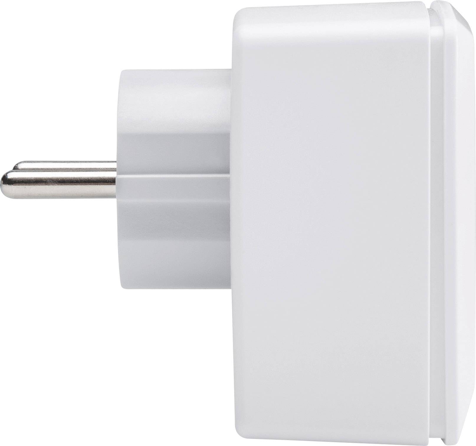 Side view of a white plug-in power adapter without cables.
