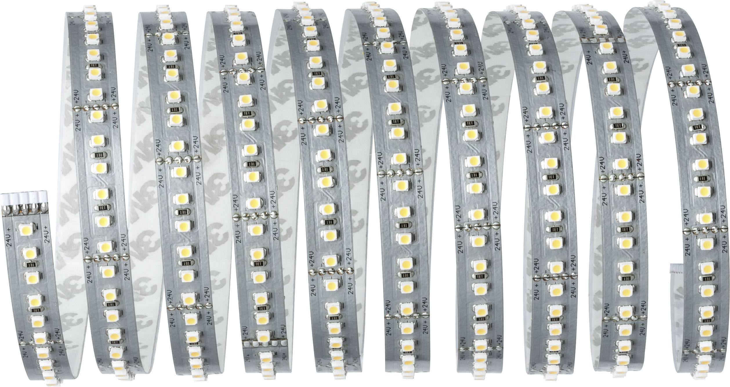 LED strip with a tight winding and bright, evenly distributed LEDs on a transparent carrier tape, suitable for lighting projects.
