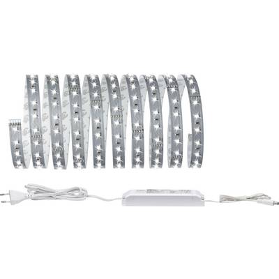 White LED light strip, illuminating brightly, with power cable and adapter, unrolled in multiple loops side by side.