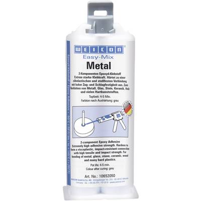 Epoxy adhesive in a white tin bottle with a blue label, indicating high strength and versatility across different materials.