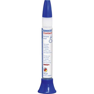 Glue stick with blue lid and red protective cap. Brand 'Contact Pen System VA 20'. Contains 12 g. Ideal for quick bonding.