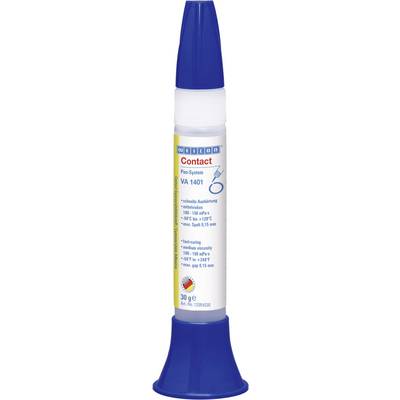 A blue tube stand for Loctite adhesive with a yellow label. Labelled: 'Contact', 30g, including product information.