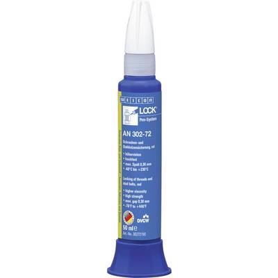 Blue adhesive bottle with white nozzle, product name 'AN 302-72', for thread locking. Contains details about temperature and strength resistance.
