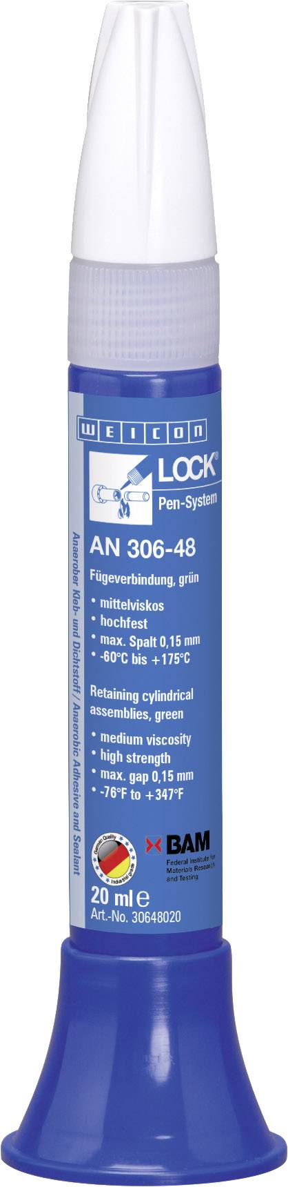 A blue bottle of anaerobic adhesive AN 306-48. Used for securing threaded connections up to 15 mm in size.