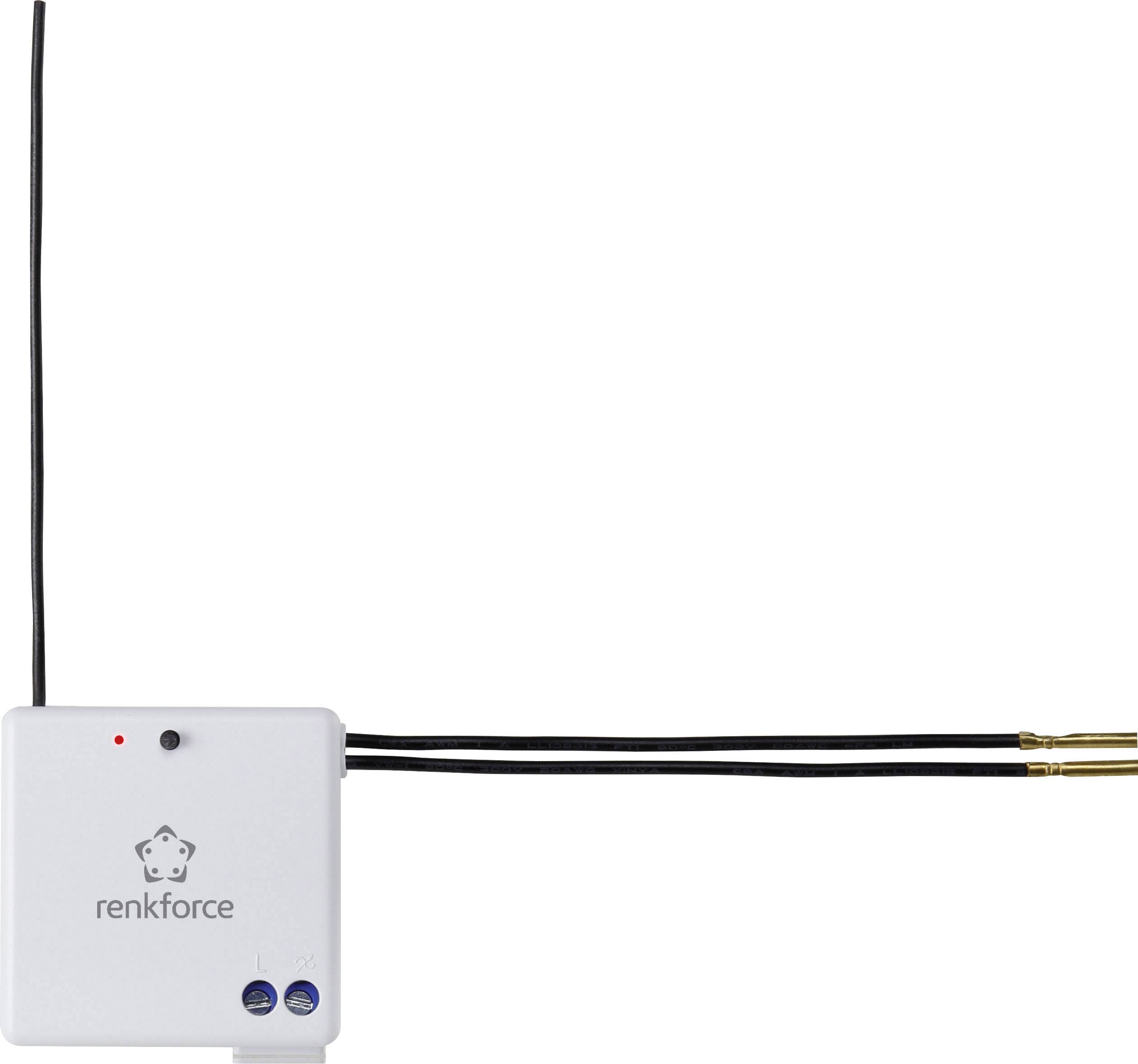 A compact, square, white renkforce sensor with a black cable, likely for measurement or wireless signal transmission.