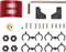 A kit with various parts: a red heat sink, screws, a brass gear, plastic mountings, and an Allen key.