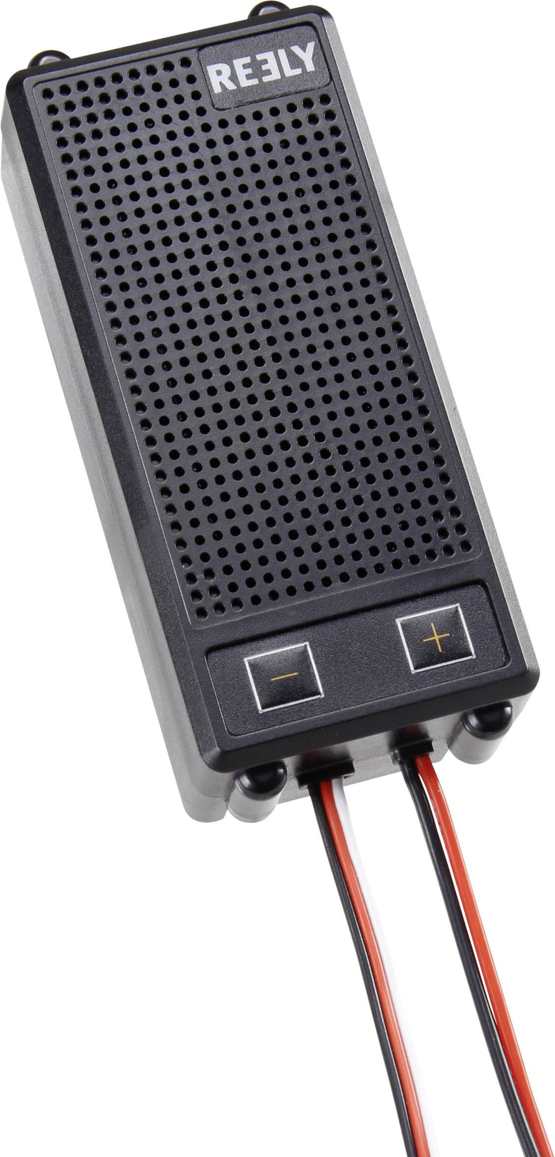 A rectangular speaker with two switches, one with a minus sign and one with a plus sign, and three protruding cables.