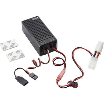 Black DC/DC converter module with cables and connectors, two white adhesive pads. Main device shows '12V' on the top surface.
