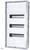A white consumer unit with four rows of switches or slots in an open metal or plastic frame structure.