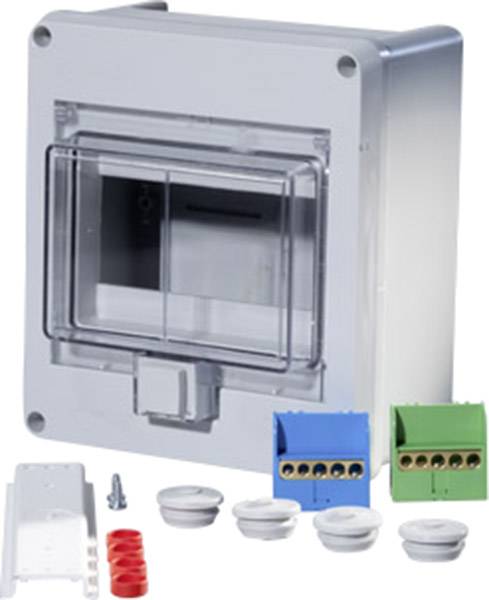 Grey distribution box with transparent cover. Beside it are cable clips in blue and green, along with additional installation accessories.