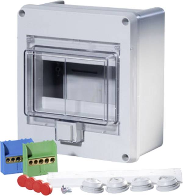 White control panel with transparent lid, green and blue connection terminals, red screw caps and four silver discs.