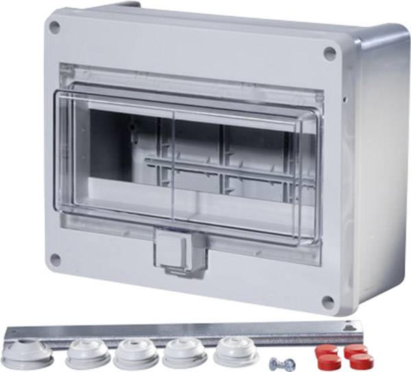 Grey-white electrical fuse box with a transparent cover, alongside various mounting accessories such as cover caps and screws.