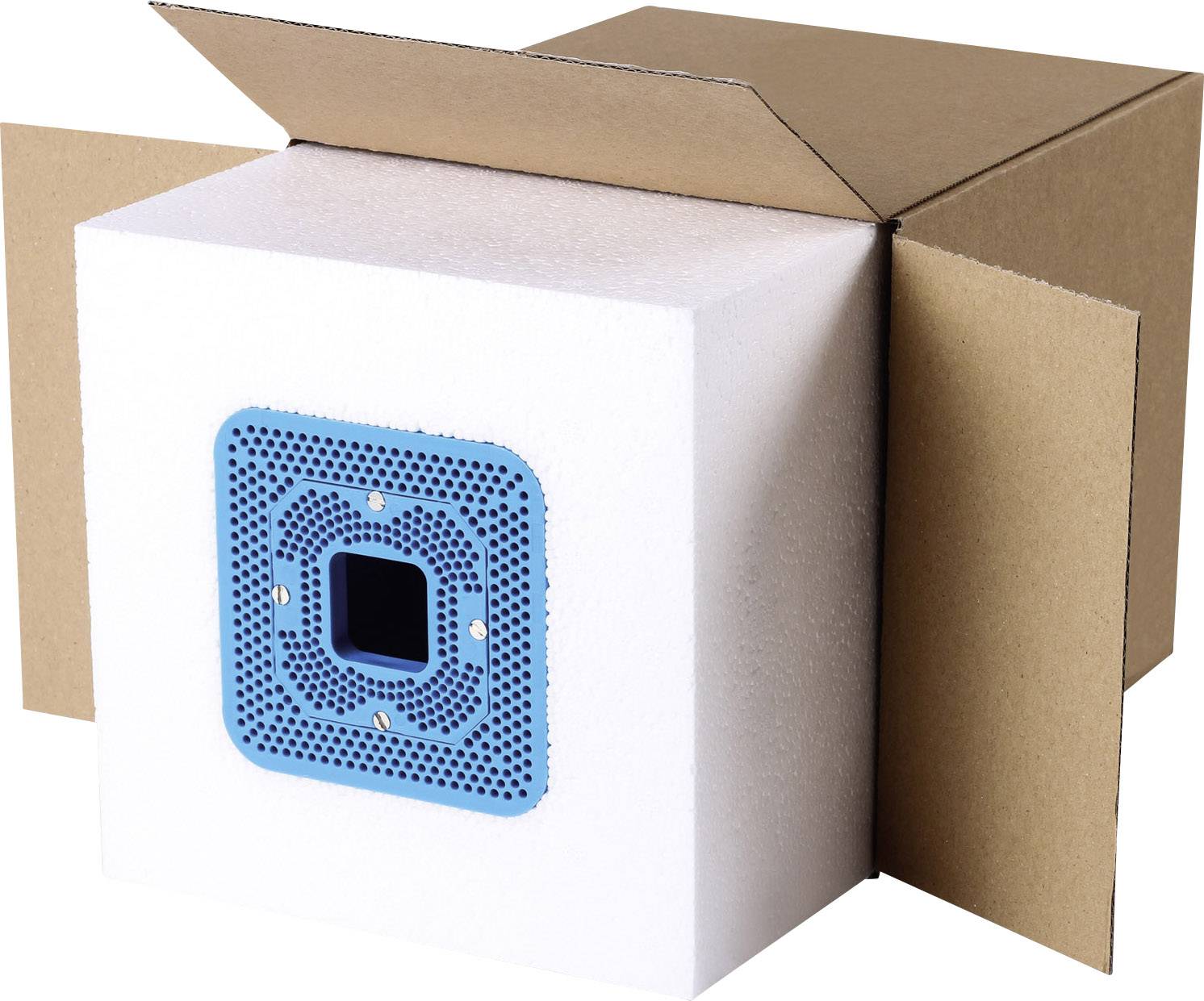 White polystyrene cube with a blue square pattern in the centre, surrounded by open brown cardboard flaps.