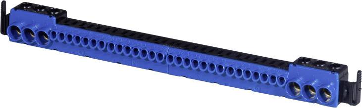 A blue electrical terminal block with multiple connection points, housed in a rectangular black casing, for cable wiring.