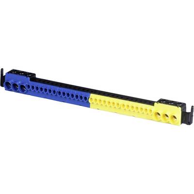 A LEGO Technic component in blue, yellow, and black, with rows of holes for connecting other parts.