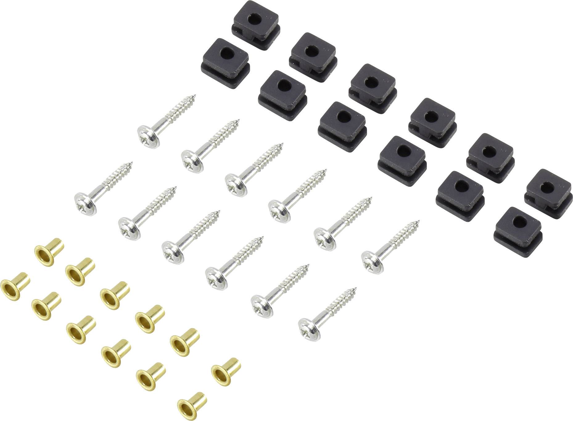 Screw set comprising ten black plastic washers, ten silver screws, and ten golden nuts, arranged in rows.
