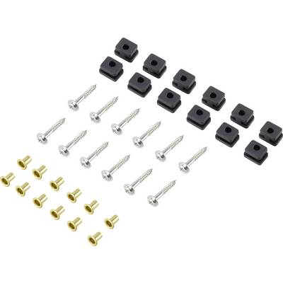 Screw set comprising ten black plastic washers, ten silver screws, and ten golden nuts, arranged in rows.