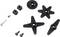Various black plastic servo blades and metal screws used for model making or various electronic projects.