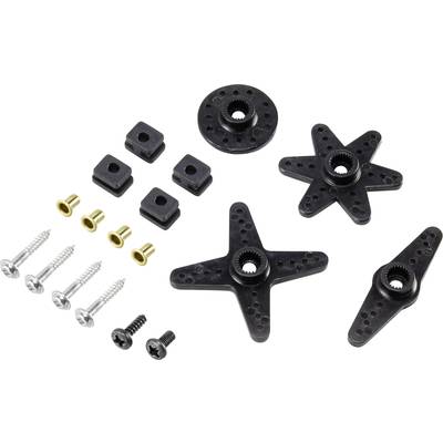 Various black servo horns, screws, and brass bushings for model building, arranged on a white background.