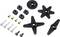 Various black servo horns, screws, and brass bushings for model building, arranged on a white background.
