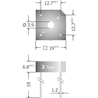 Technical drawing of an electronic component with dimensions: length 19 mm, width 6.8 mm, hole diameter 3.9 mm.