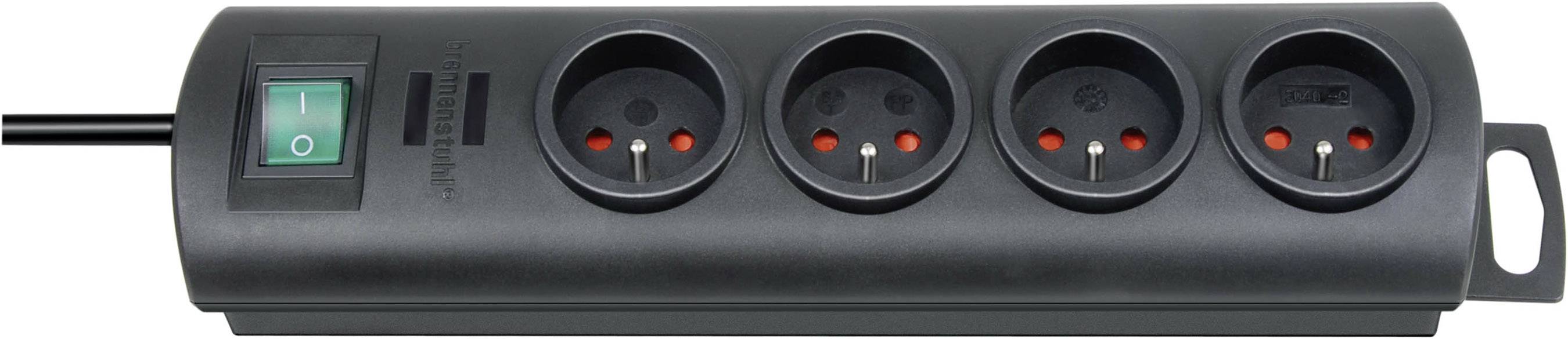 Four-way power strip with a green on/off switch, perfect for connecting multiple devices.